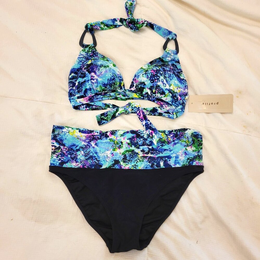 NWT Profile Blue Aqua Green Purple Print over Black 2 Piece Bikini Set - 8 - Picture 2 of 10